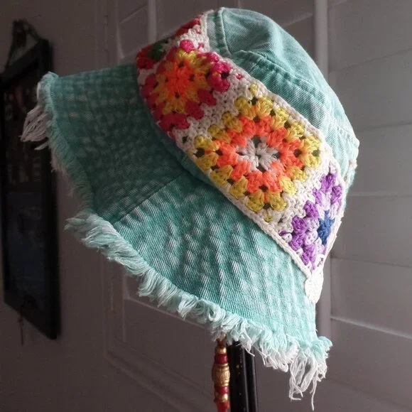 Upcycled Bucket Hat Granny Squares Frayed Canvas Turquoise Denim Cap NWOT - Picture 4 of 7